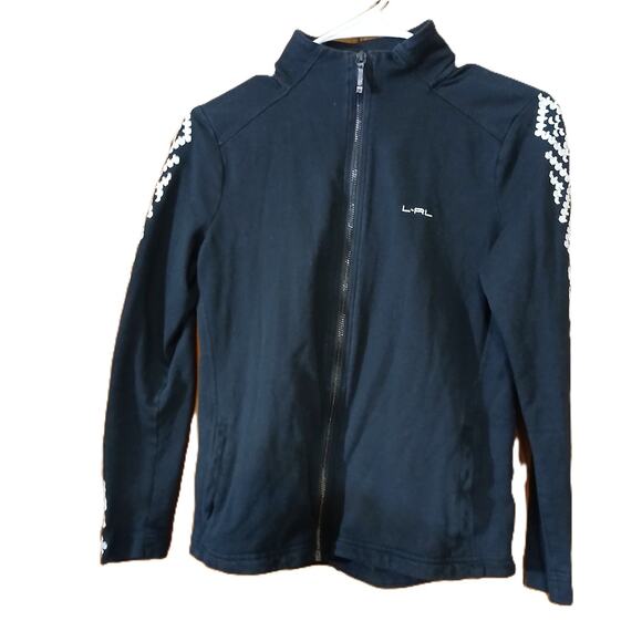 L-RL Lauren Active Womens Petite Sm Zip Jacket Black White Embroidered Sleeves - Picture 3 of 6